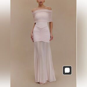 Caspian Slinky And Mesh Off Shoulder Maxi
Dress